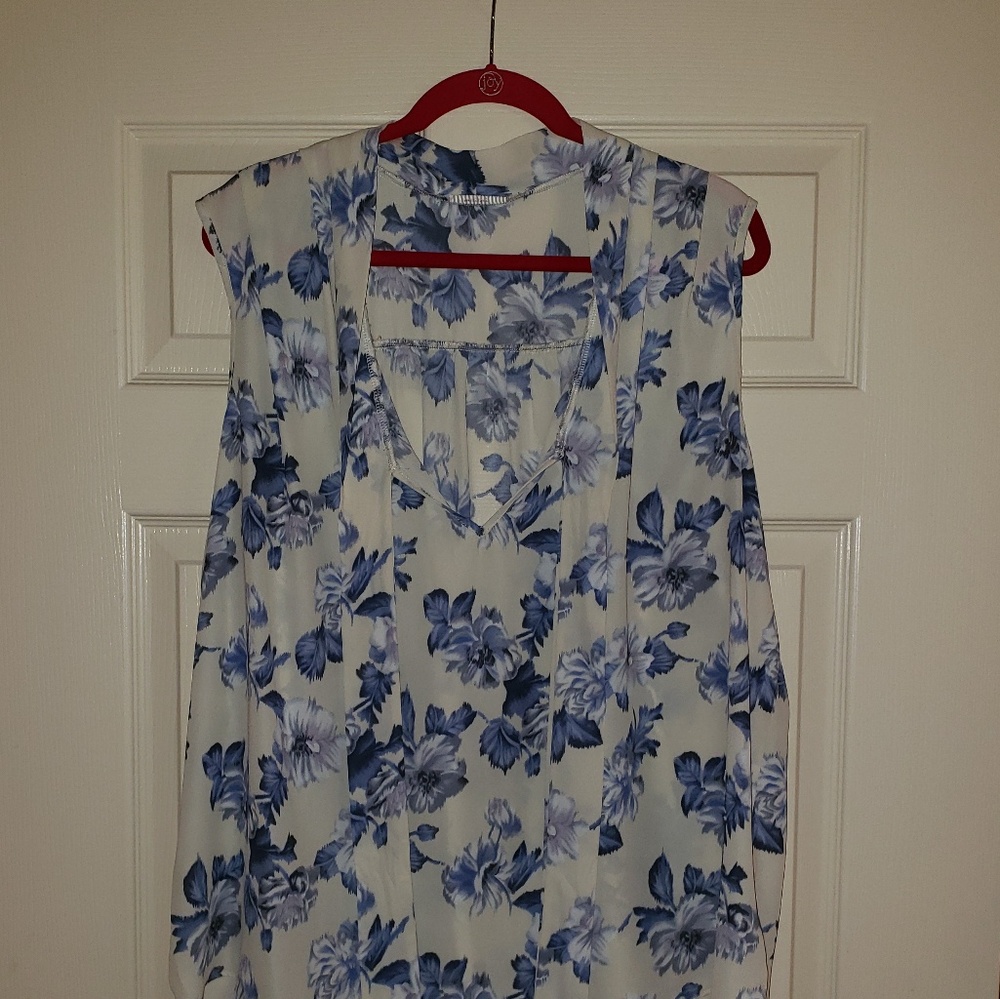 1X, 2X, 3X Cream and Indigo Tie Sleeveless Blouse